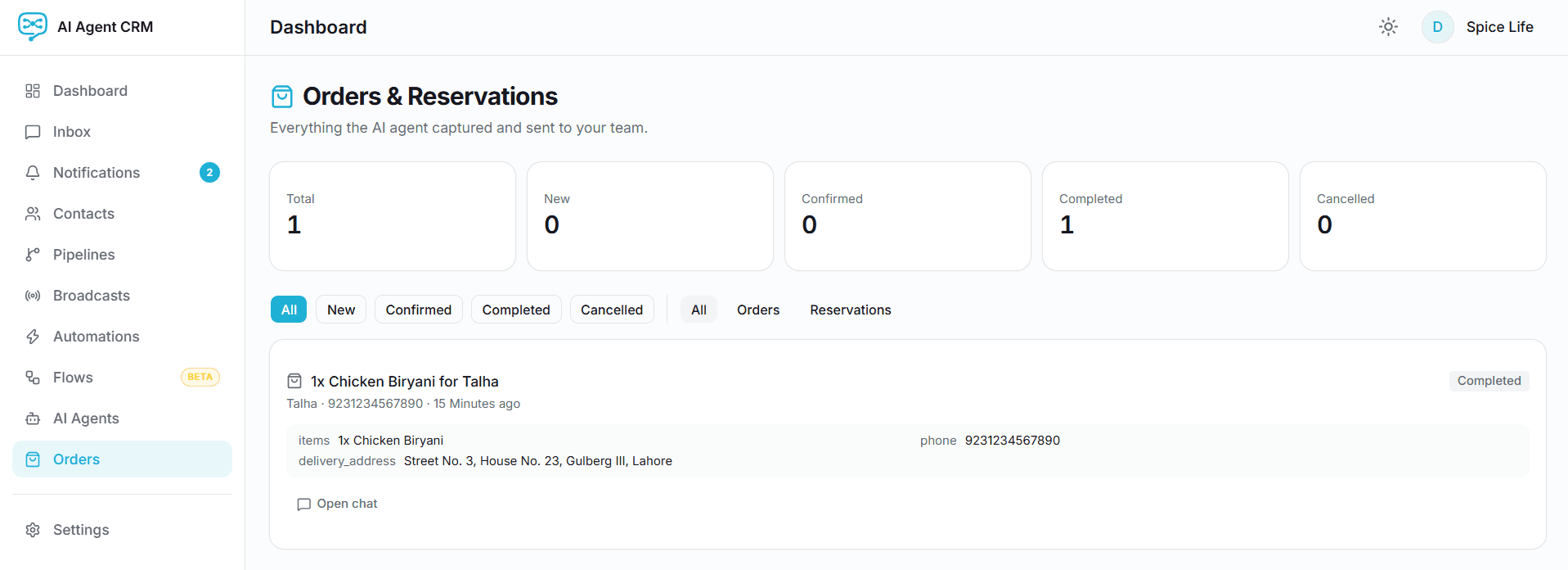 AI Agent CRM Orders and Bookings Management Screenshot